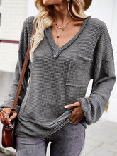 Elasticity Pockets Solid Color Split-Joint Long Sleeves Loose V-Neck T-Shirts Tops