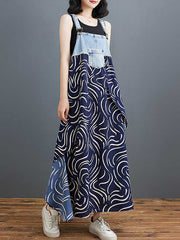 Contrast Color Pockets Printed Split-Joint A-Line Loose Spaghetti-Neck Suspender Dress Maxi Dresses