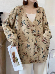 Buttoned Knitted Flower Pockets Long Sleeves Loose V-Neck Cardigan Tops