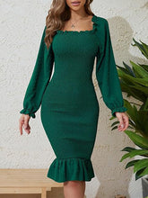 Elasticity Pleated Ruffle Trim Solid Color Bodycon Long Sleeves Square-Neck Midi Dresses