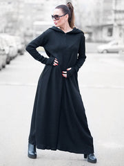 Knitting Black Zipper Hooded Wide Leg Jumpsuits