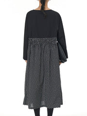 Contrast Color Elasticity Pleated Polka-Dot Split-Joint Long Sleeves Loose Round-Neck Midi Dresses