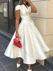 Short Sleeves Solid Color V-Neck Midi Dresses