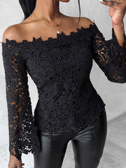 Hollow Solid Color Flared Sleeves Long Sleeves Off-The-Shoulder T-Shirts Tops