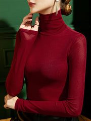 See-Through Solid Color Split-Joint Long Sleeves Plus Size High Neck T-Shirts