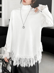 Solid Color Split-Joint Long Sleeves Loose High Neck T-Shirts Tops