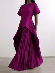 A-Line High Waisted Pleated Solid Color Split-Joint Round-Neck Maxi Dresses
