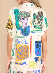 Animal Printed Buttoned Figure Half Sleeves Loose Lapel Blouses&Shirts Tops