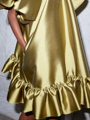 Falbala Solid Color Loose Puff Sleeves High Neck Mini Dresses