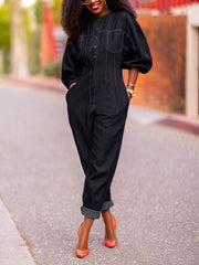 Split-Joint Puff Sleeves Round-Neck Jumpsuits