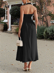 Backless Pleated Solid Color Zipper A-Line High Waisted Halter-Neck Midi Dresses