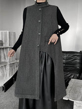 Asymmetric Buttoned Solid Color Split-Joint High-Low Irregularity Stand Collar Padded Vest Outerwear
