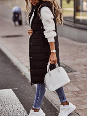Buttoned Drawstring Keep Warm Solid Color Split-Joint Zipper Hooded Sleeveless Vest Outerwear Padded Coat