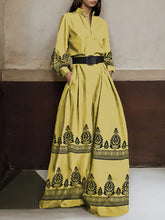 Buttoned Pleated Pockets Printed Long Sleeves Loose Stand Collar Jumpsuits