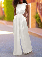 Hollow Solid Color Loose Wide Leg Round-neck Jumpsuits