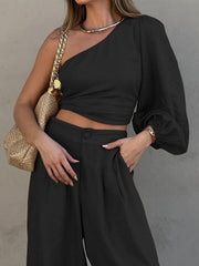 Solid Color One-Shoulder Long Sleeves Loose Asymmetric Elasticity Knot Pleated Shirts Top + Pants Bottom Two Pieces Set