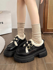 Belt Buckle Round-Toe Split-Joint Velvet Platform Shoes Loafers