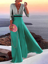 Pleated Split-Joint Loose Three-quarter Sleeves Deep V-Neck Maxi Dresses