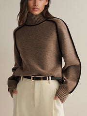 Contrast Color Split-Joint Long Sleeves Loose High Neck Sweater Tops Pullovers