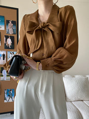 Urban Loose Long Sleeves Solid Color Lapel Collar Blouses