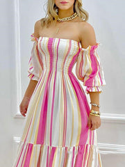 Contrast Color Pleated Split-Joint A-Line High Waisted Off-The-Shoulder Maxi Dresses