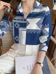 Buttoned Printed Long Sleeves Loose Lapel Blouses&Shirts Tops