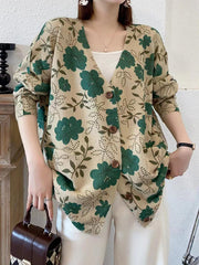Buttoned Knitted Flower Pockets Long Sleeves Loose V-Neck Cardigan Tops