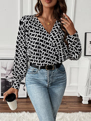 Printed Long Sleeves Loose V-Neck Bodysuits