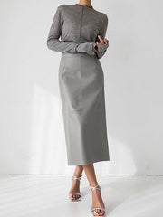 Solid Color Split-Back Split-Joint Skinny PU Skirts