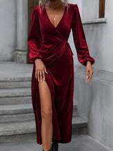 Elasticity Solid Color Split-Front Split-Joint Tied Waist Velvet A-Line High Waisted V-Neck Maxi Dresses
