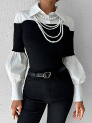 Long Sleeves Loose Buttoned Contrast Color Pleated Split-Joint Lapel Blouses&Shirts Tops