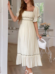Pleated Ruffle Trim Split-Joint Zipper A-Line High Waisted Square-Neck Midi Dresses