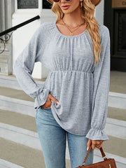 Elasticity Falbala Solid Color Long Sleeves Loose Round-Neck T-Shirts