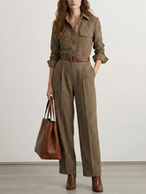 No Belt Plaid Pleated Pockets High Waisted Long Sleeves Lapel Jumpsuits