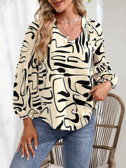 Elasticity Printed Split-Joint Long Sleeves Loose V-Neck T-Shirts Tops