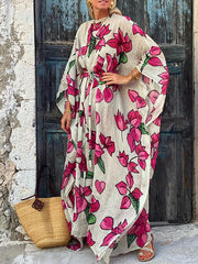 Flower Print Split-Joint Split-side Tied Waist Batwing Sleeves Long Sleeves Round-neck Maxi Dresses