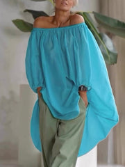 High-Low Loose Elasticity Pleated See-Through Solid Color Off-The-Shoulder Blouses&Shirts Tops