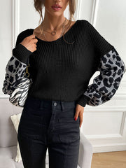Loose Puff Sleeves Leopard Split-Joint V-Neck Sweater Tops