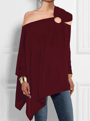 Asymmetric Hollow Solid Color Long Sleeves Loose Asymmetric Collar T-Shirts Tops