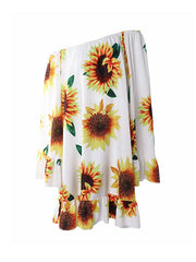 Flower Print Layered Ruffled Flared Sleeves Long Sleeves One-shoulder Mini Dresses