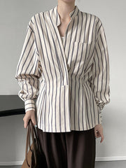 Original Creation Loose Long Sleeves Striped V-Neck Blouses&Shirts Tops