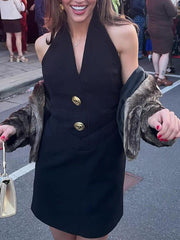 Backless Buttoned Pockets Split-Joint Bodycon High Waisted Halter-Neck Mini Dresses