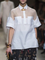 See-Through Solid Color Split-Joint Short Sleeves Lapel Blouses&shirts Tops