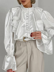 Falbala Solid Color Split-Joint Flared Sleeves Loose Stand Collar Blouses&Shirts Tops