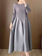 Pleated Solid Color Split-Joint A-Line Loose Round-Neck Midi Dresses