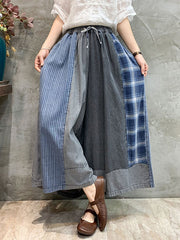 Loose Drawstring Elasticity Plaid Split-Joint Ninth Jean Pants Bottoms