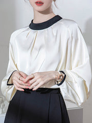 Contrast Color Pleated Split-Joint Loose Puff Sleeves Stand Collar Blouses