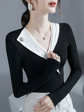 Asymmetric Contrast Color Split-Joint Long Sleeves Skinny V-neck Blouses&shirts Tops