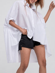 Solid Color Batwing Sleeves High-Low Lapel Blouses&Shirts Tops