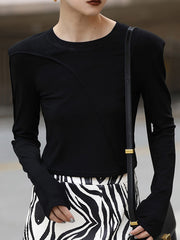 Shoulder Pad Solid Color Long Sleeves Skinny Round-Neck T-Shirts Tops